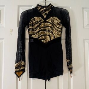 Girls Black & Gold Sequin Zebra Dance Costume - Long Sleeve Mesh